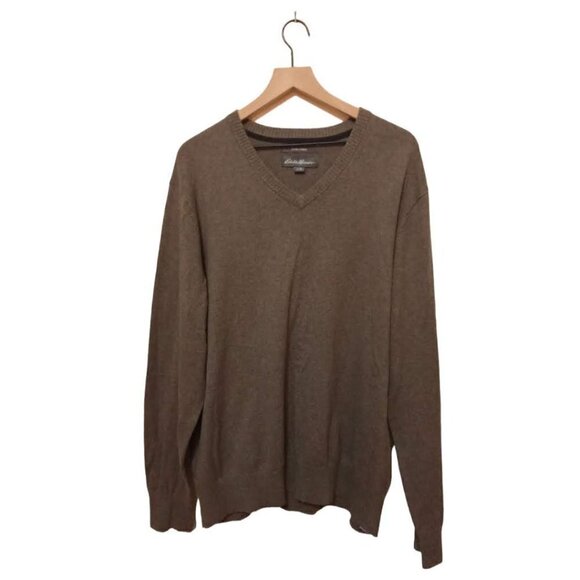 EDDIE Bauer Heather Tan Cotton Cashmere V-Neck Sweater Sz XL - Picture 1 of 6